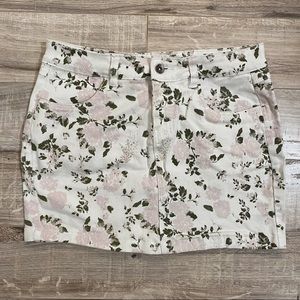 Liquid X White Pink Green Floral Print Jean Stretchy Mini Skirt 9 10